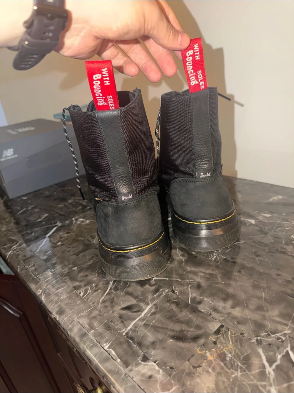 LIMITED EDITION - HERSCHELxDr Martens Black Canvas Boots Yellow Stitching. MINT